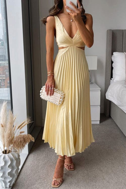 Arielle | Women's Pleated Satin Midi Dress, Flowing Evening Dress | The Shrader Sisters | Yellow