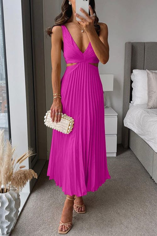 Arielle | Women's Pleated Satin Midi Dress, Flowing Evening Dress | The Shrader Sisters | Pink