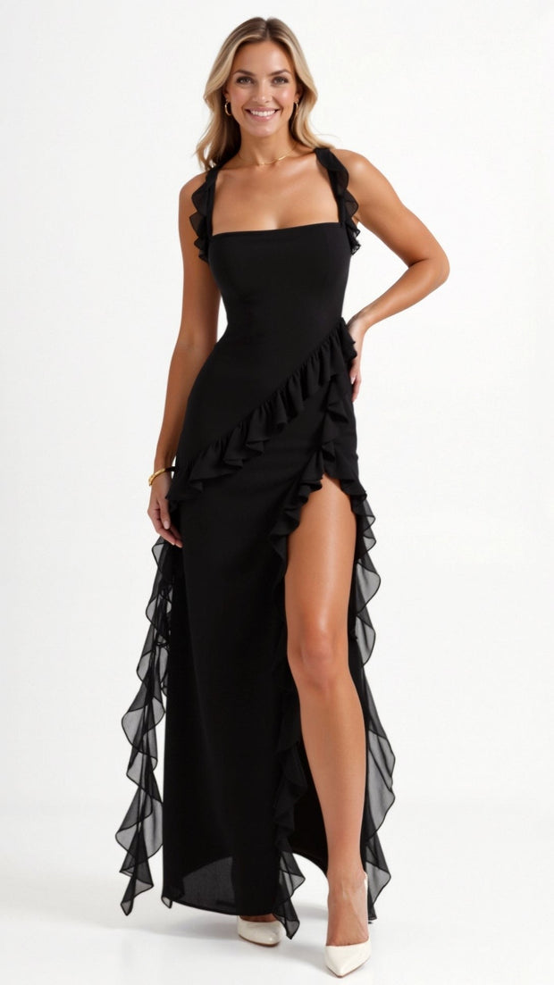 Asha | Women's Maxi Dress with Ruffled Neckline, Front Slit Evening Dress | The Shrader Sisters