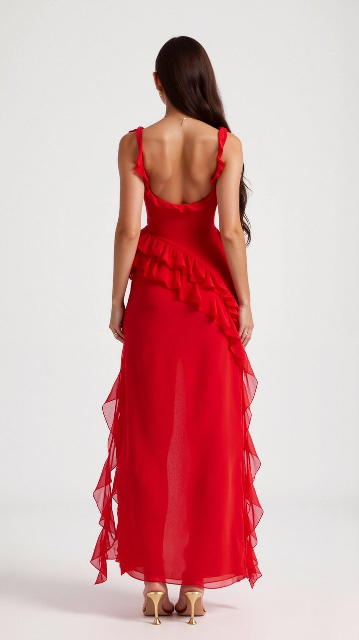 Asha | Women's Maxi Dress with Ruffled Neckline, Front Slit Evening Dress | The Shrader Sisters