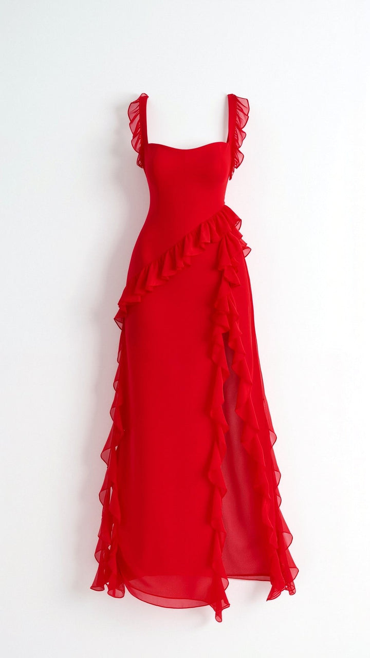 Asha | Women's Maxi Dress with Ruffled Neckline, Front Slit Evening Dress | The Shrader Sisters