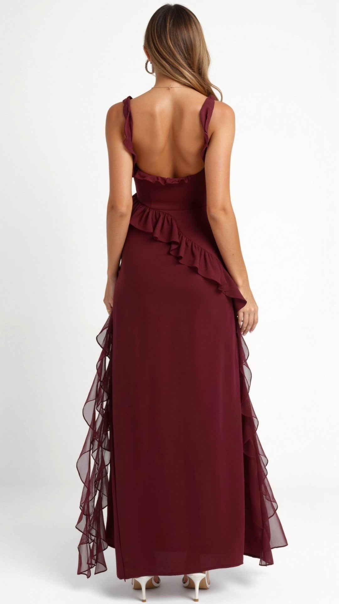 Asha | Women's Maxi Dress with Ruffled Neckline, Front Slit Evening Dress | The Shrader Sisters