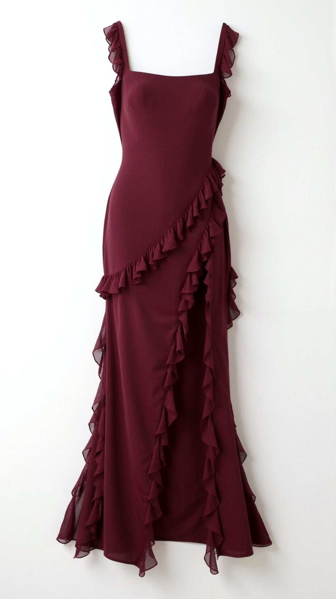 Asha | Women's Maxi Dress with Ruffled Neckline, Front Slit Evening Dress | The Shrader Sisters
