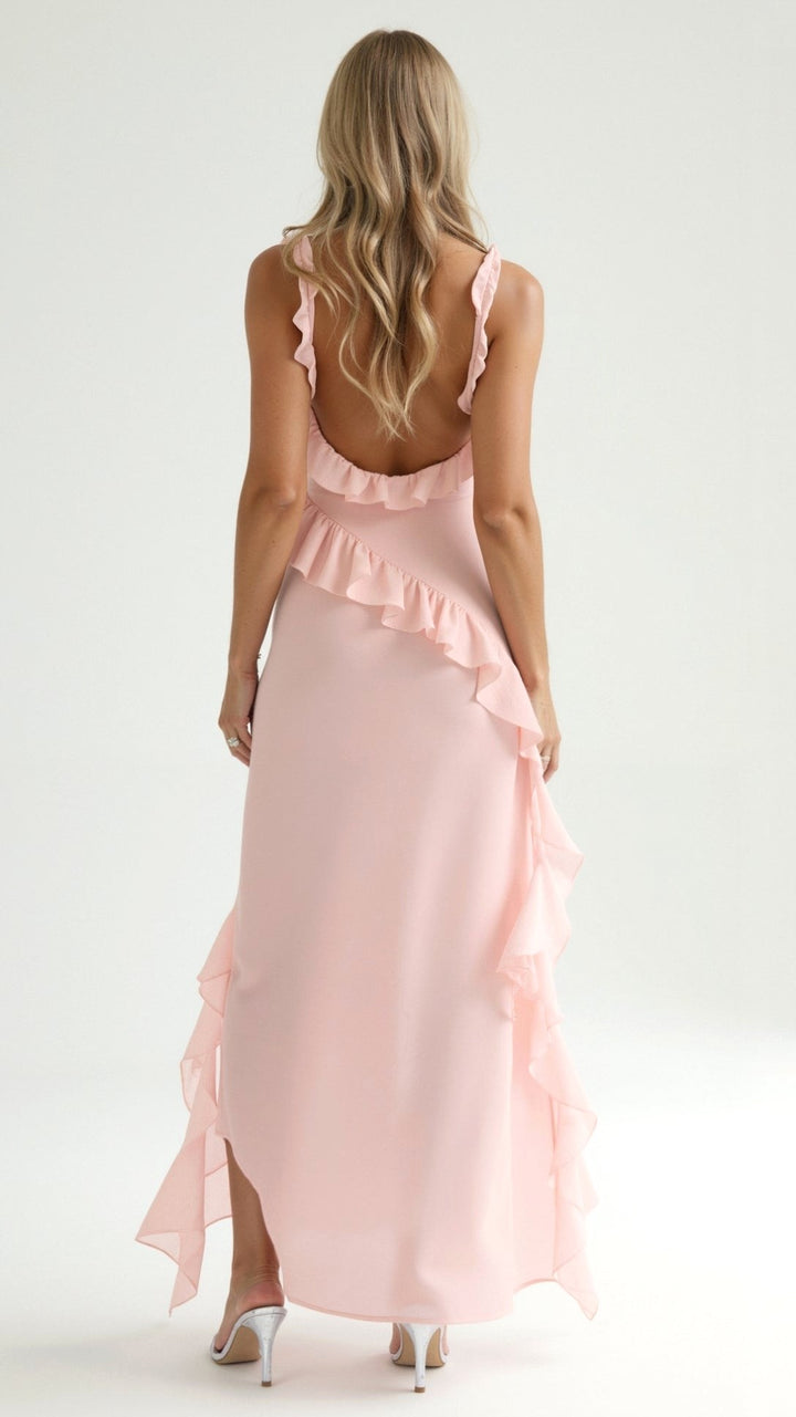 Asha | Women's Maxi Dress with Ruffled Neckline, Front Slit Evening Dress | The Shrader Sisters