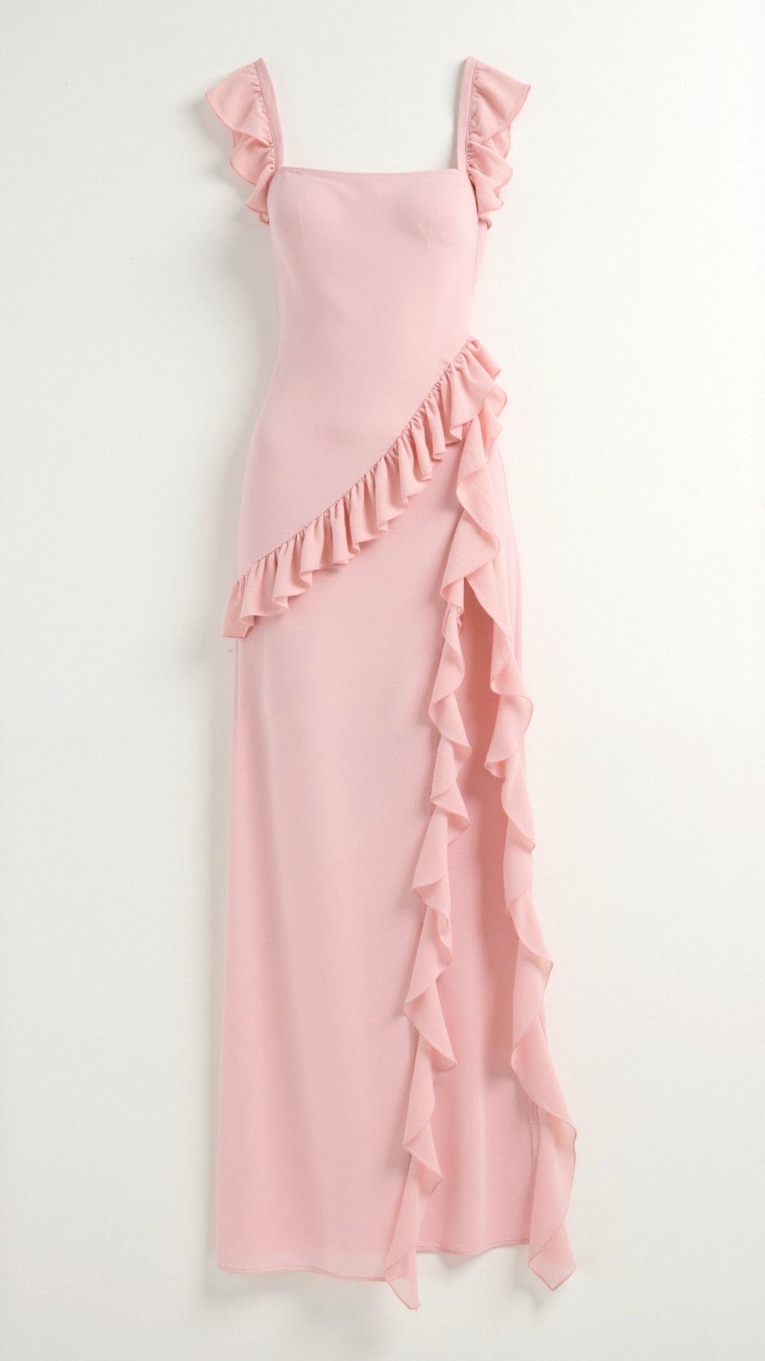 Asha | Women's Maxi Dress with Ruffled Neckline, Front Slit Evening Dress | The Shrader Sisters