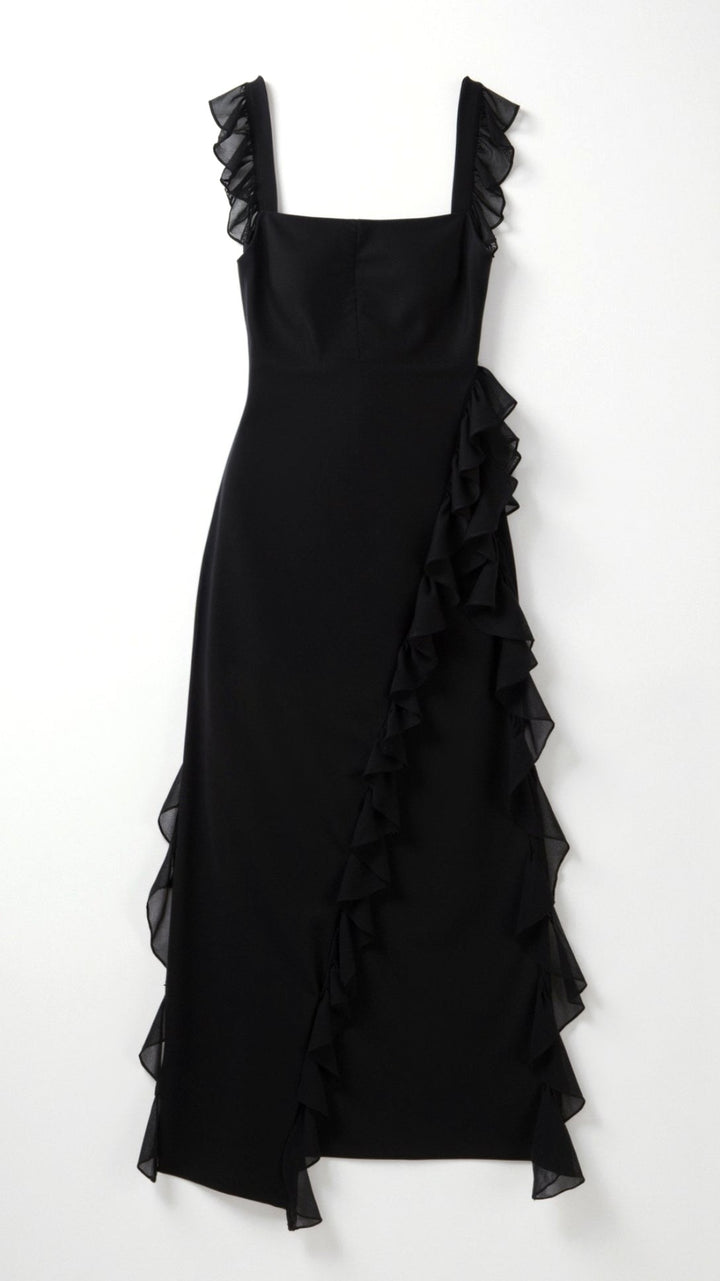 Asha | Women's Maxi Dress with Ruffled Neckline, Front Slit Evening Dress | The Shrader Sisters