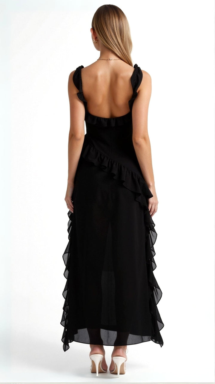 Asha | Women's Maxi Dress with Ruffled Neckline, Front Slit Evening Dress | The Shrader Sisters