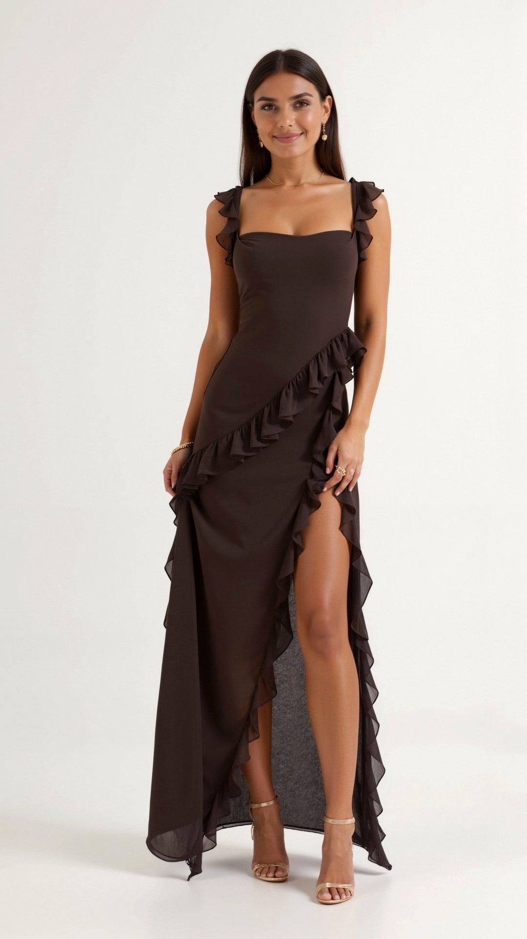 Asha | Women's Maxi Dress with Ruffled Neckline, Front Slit Evening Dress | The Shrader Sisters