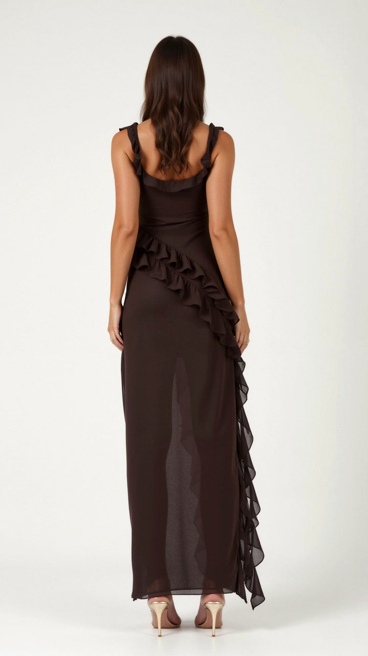 Asha | Women's Maxi Dress with Ruffled Neckline, Front Slit Evening Dress | The Shrader Sisters