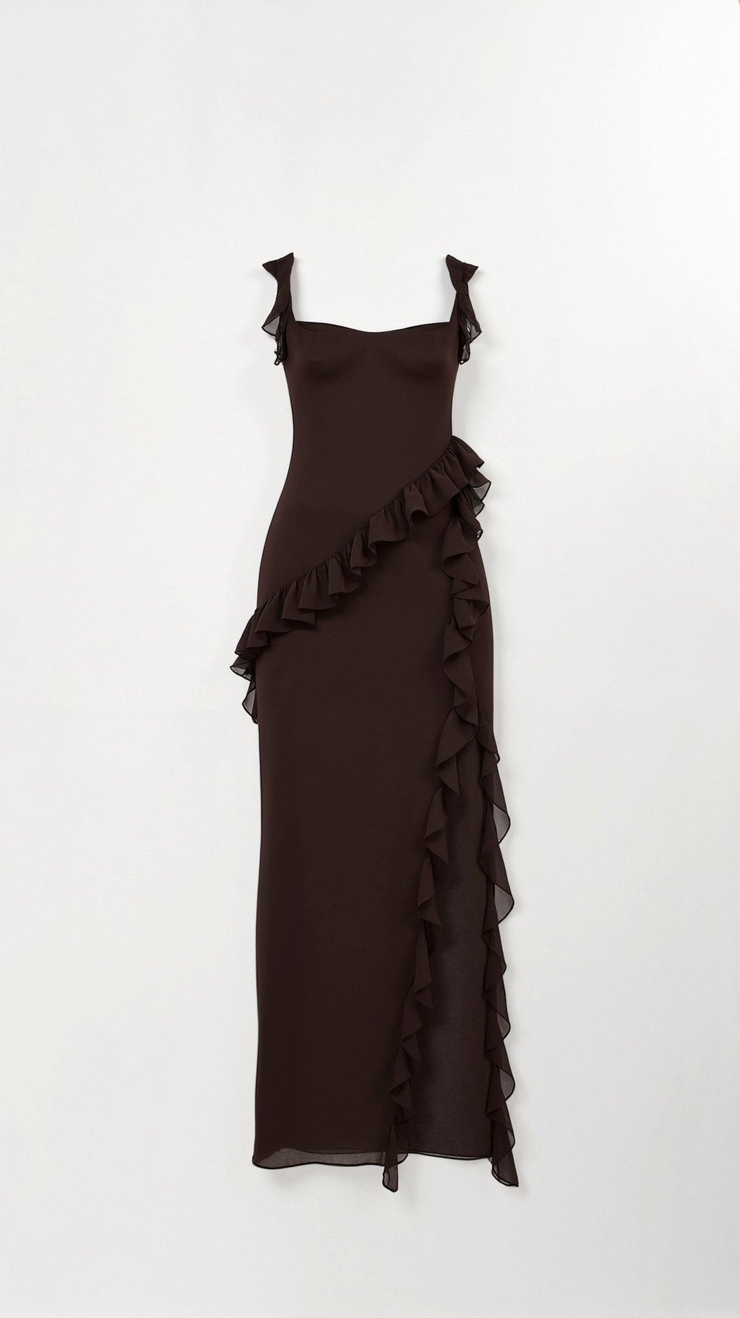 Asha | Women's Maxi Dress with Ruffled Neckline, Front Slit Evening Dress | The Shrader Sisters