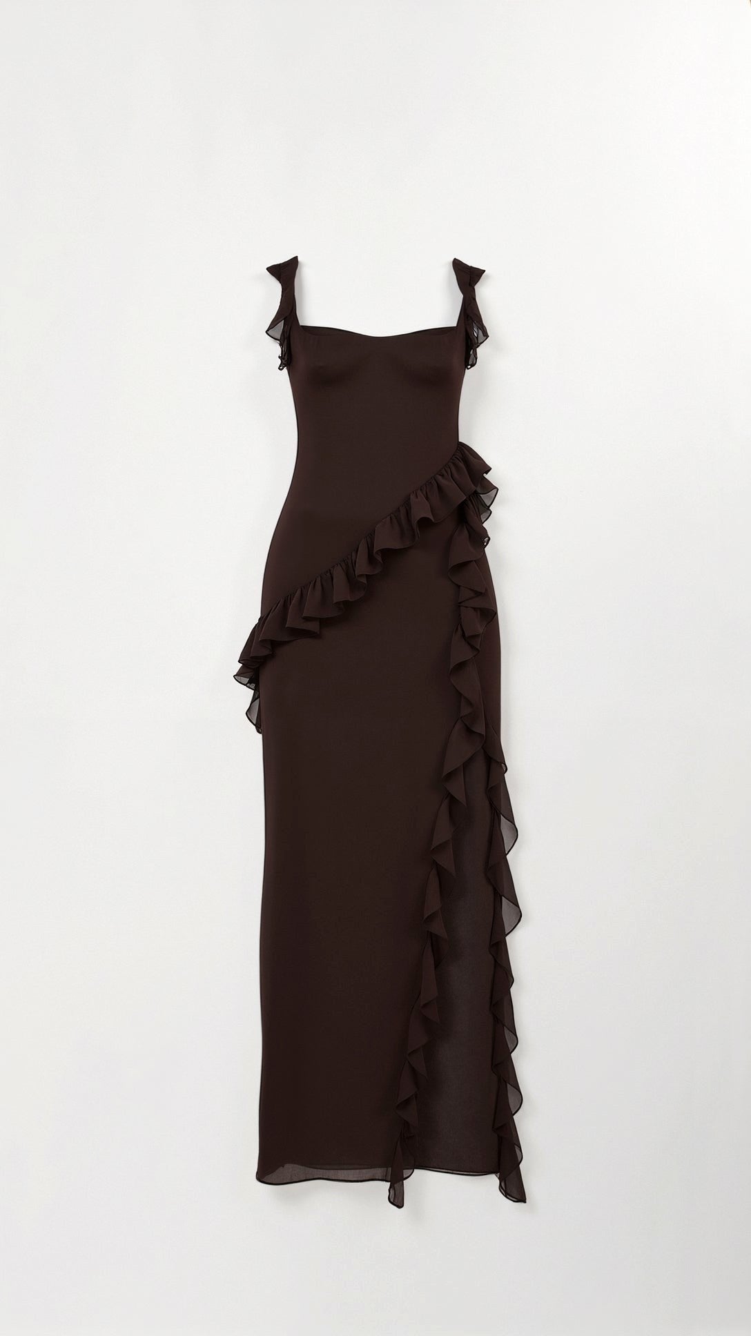 Asha | Women's Maxi Dress with Ruffled Neckline, Front Slit Evening Dress | The Shrader Sisters