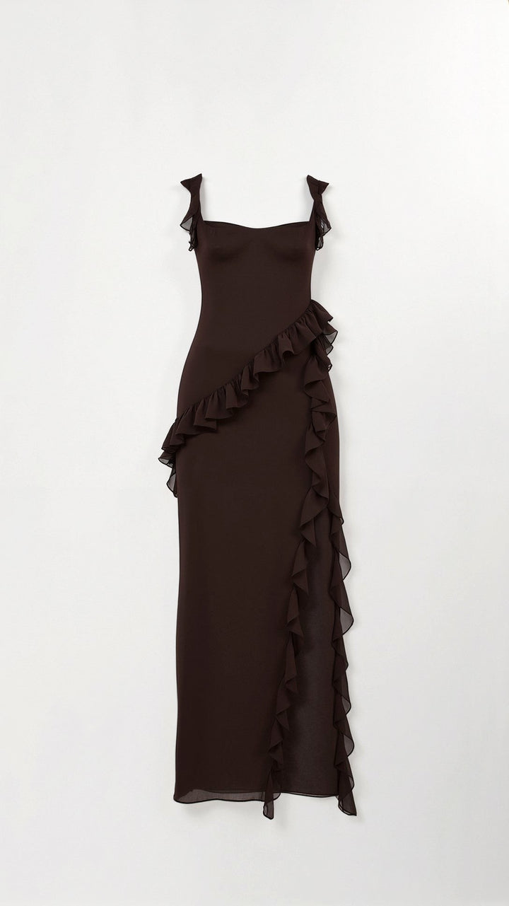 Asha | Women's Maxi Dress with Ruffled Neckline, Front Slit Evening Dress | The Shrader Sisters