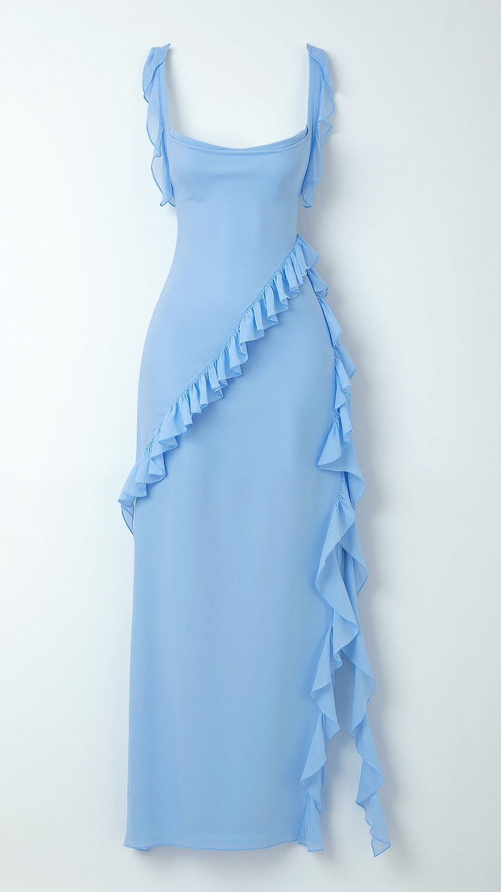 Asha | Women's Maxi Dress with Ruffled Neckline, Front Slit Evening Dress | The Shrader Sisters