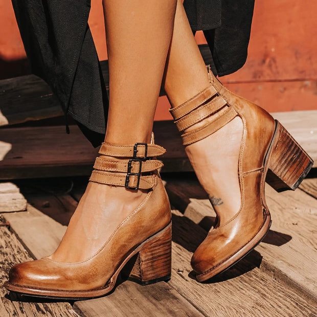 Ashlee | Women's Vintage Strappy Ankle Heels, Block Heel Sandals | The Shrader Sisters | Brown