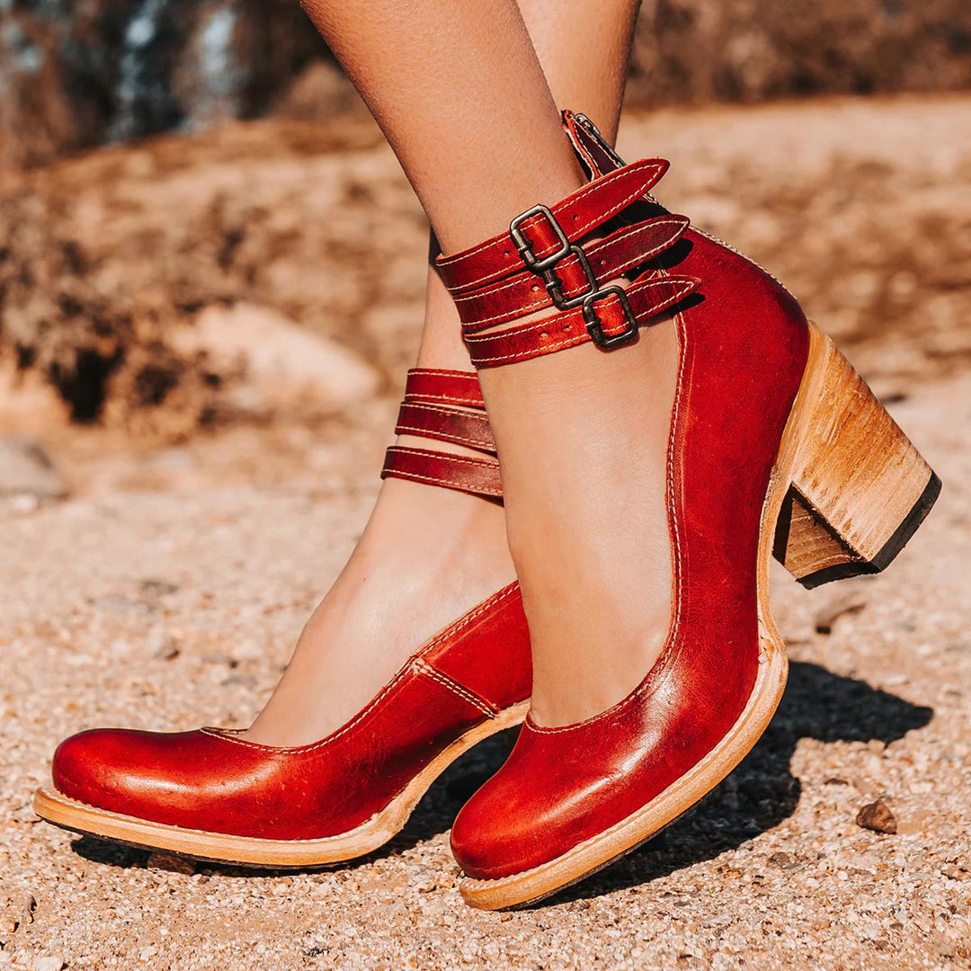Ashlee | Women's Vintage Strappy Ankle Heels, Block Heel Sandals | The Shrader Sisters