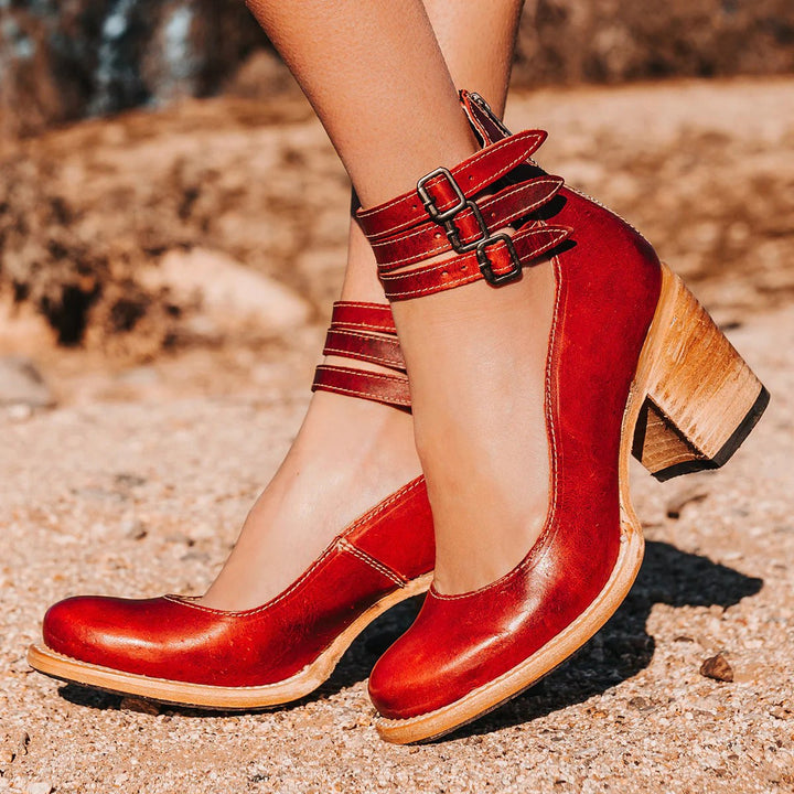 Ashlee | Women's Vintage Strappy Ankle Heels, Block Heel Sandals | The Shrader Sisters