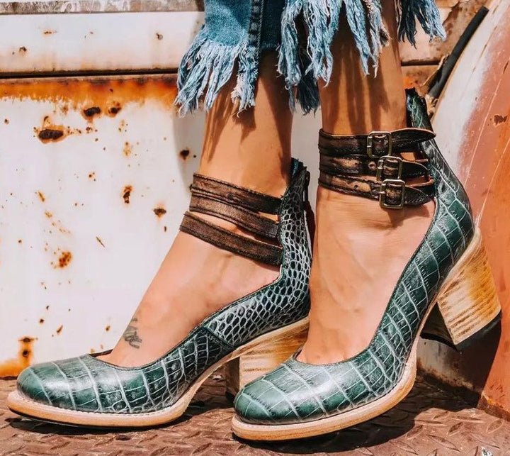Ashlee | Women's Vintage Strappy Ankle Heels, Block Heel Sandals | The Shrader Sisters