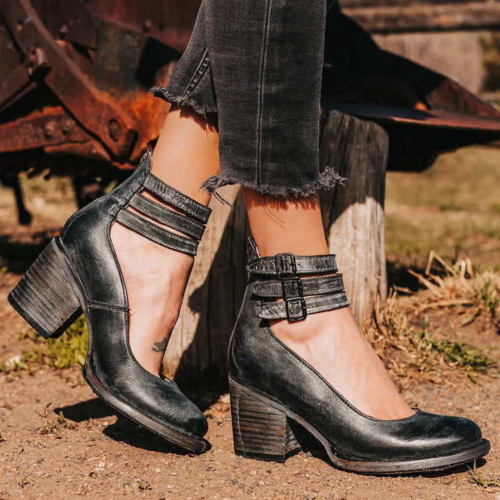 Ashlee | Women's Vintage Strappy Ankle Heels, Block Heel Sandals | The Shrader Sisters | Black