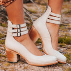 Ashlee | Women's Vintage Strappy Ankle Heels, Block Heel Sandals | The Shrader Sisters | White