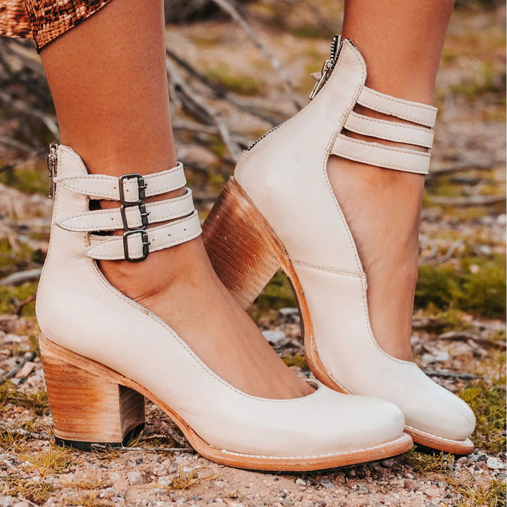 Ashlee | Women's Vintage Strappy Ankle Heels, Block Heel Sandals | The Shrader Sisters | White