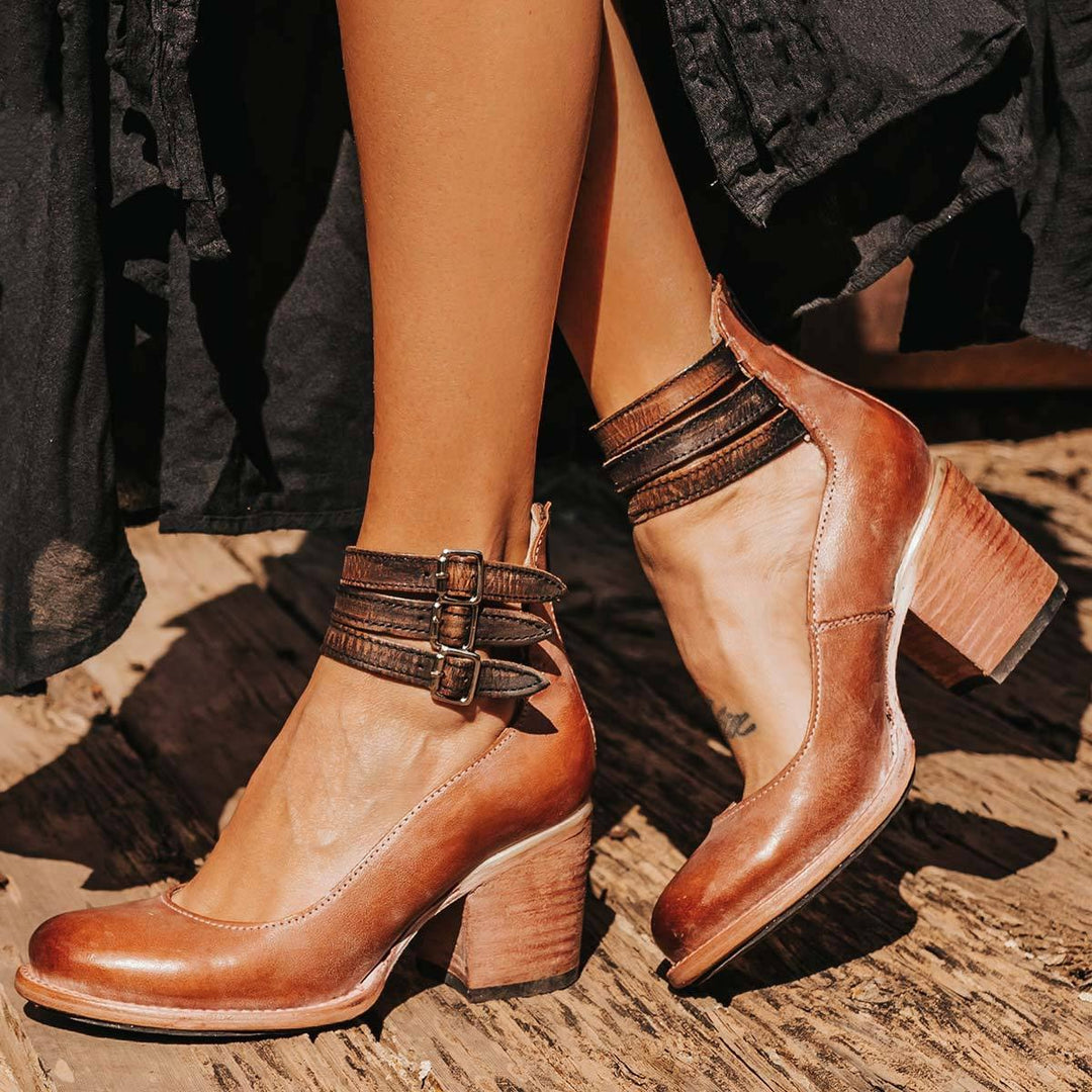 Ashlee | Women's Vintage Strappy Ankle Heels, Block Heel Sandals | The Shrader Sisters | Dark Brown