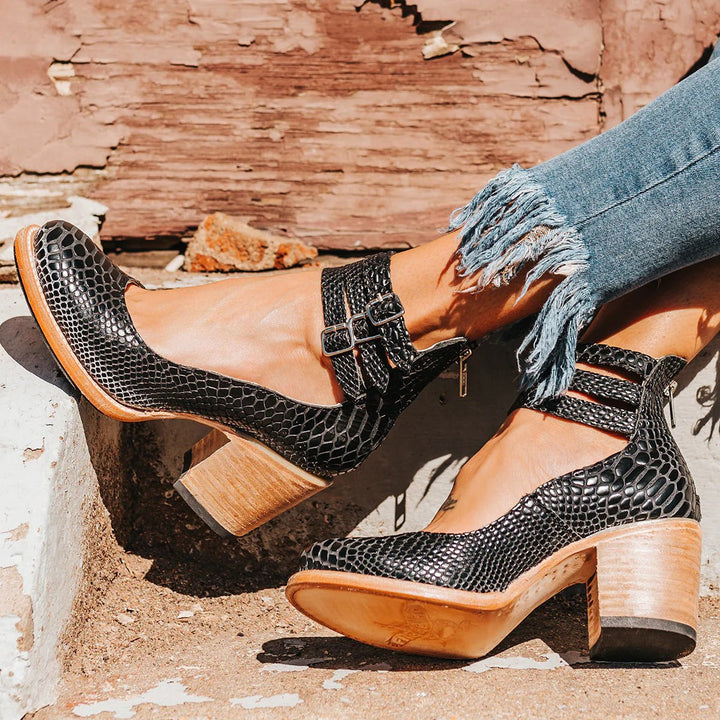 Ashlee | Women's Vintage Strappy Ankle Heels, Block Heel Sandals | The Shrader Sisters | Black Snake