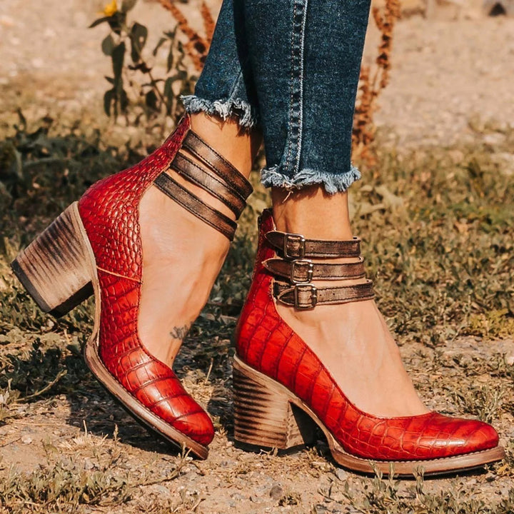 Ashlee | Women's Vintage Strappy Ankle Heels, Block Heel Sandals | The Shrader Sisters | Red Snake