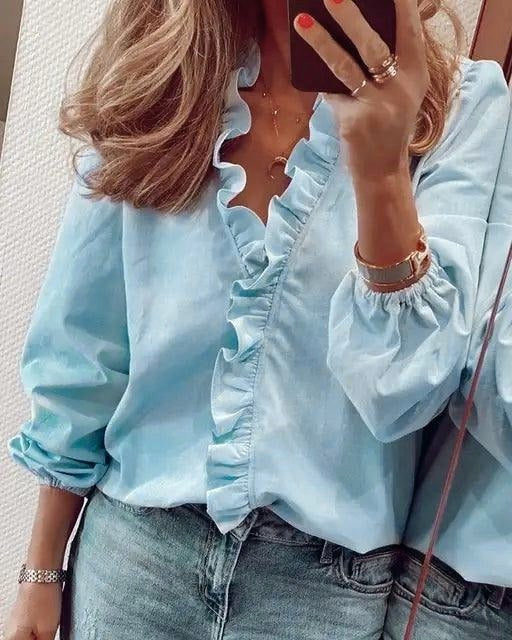 Ashleigh | Women's Ruffle V-Neck Blouse, Long-Sleeve Floral Blouse | The Shrader Sisters | Blue