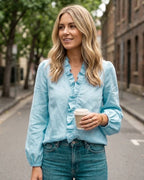 Ashleigh | Women's Ruffle V-Neck Blouse, Long-Sleeve Floral Blouse | The Shrader Sisters | Pink