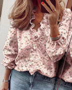 Ashleigh | Women's Ruffle V-Neck Blouse, Long-Sleeve Floral Blouse | The Shrader Sisters | Black