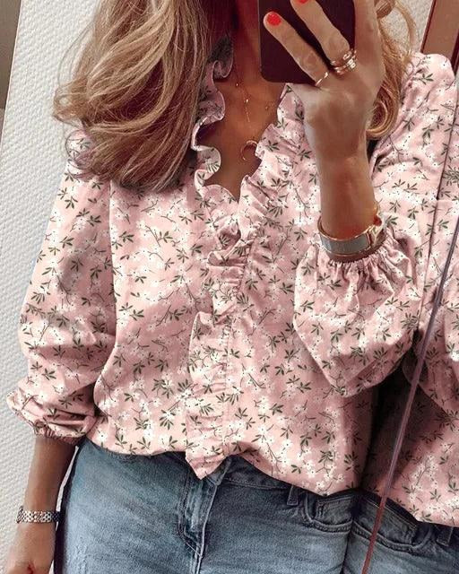 Ashleigh | Women's Ruffle V-Neck Blouse, Long-Sleeve Floral Blouse | The Shrader Sisters | Black