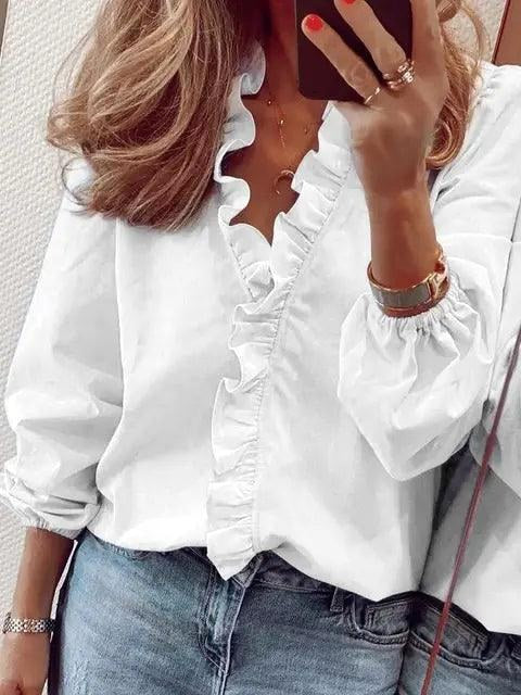 Ashleigh | Women's Ruffle V-Neck Blouse, Long-Sleeve Floral Blouse | The Shrader Sisters
