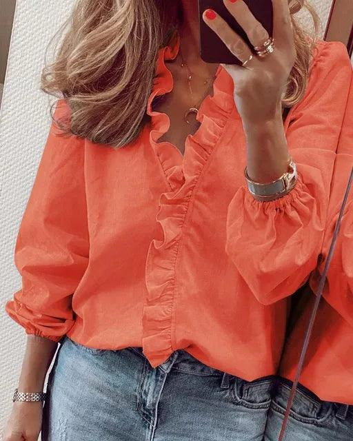 Ashleigh | Women's Ruffle V-Neck Blouse, Long-Sleeve Floral Blouse | The Shrader Sisters