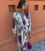 Ashleigh | Women's V-Neck Midi Dress with Belt, Flowing Wrap Midi Dress | The Shrader Sisters