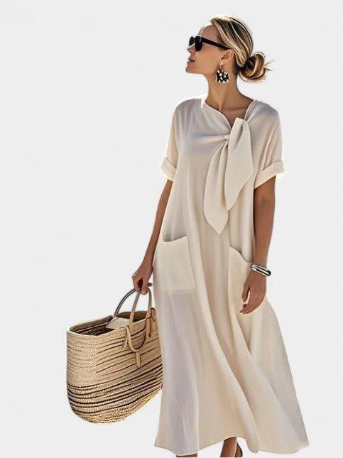 Ashley | Women's Elegant Flowing Midi Dress, Flowy Summer Occasionwear for Holidays and Special Events, Flowy Summer Occasionwear for Holidays and Special Events - Beige