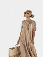Ashley | Women's Elegant Flowing Midi Dress, Flowy Summer Occasionwear for Holidays and Special Events, Flowy Summer Occasionwear for Holidays and Special Events - Khaki