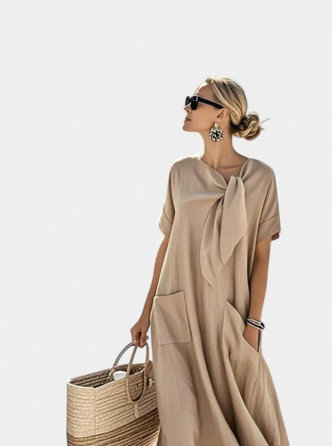 Ashley | Women's Elegant Flowing Midi Dress, Flowy Summer Occasionwear for Holidays and Special Events, Flowy Summer Occasionwear for Holidays and Special Events - Khaki