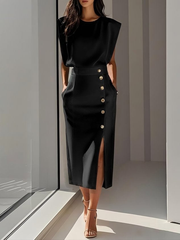 Aspen | Women's Midi Dress with Button Slit Detail - Black
