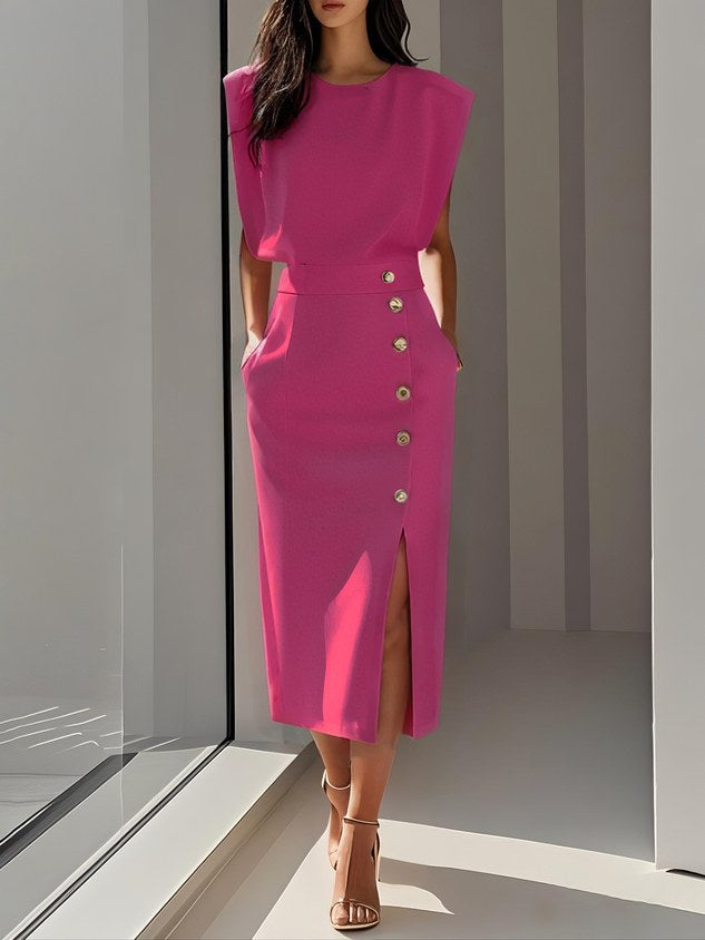 Aspen | Women's Midi Dress with Button Slit Detail - Bright Pink