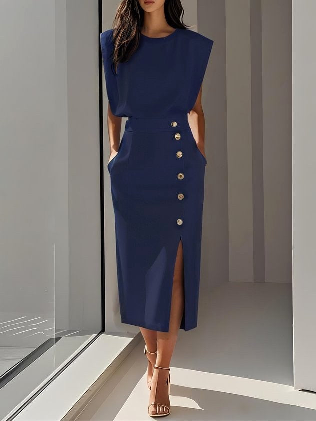 Aspen | Women's Midi Dress with Button Slit Detail - Blue