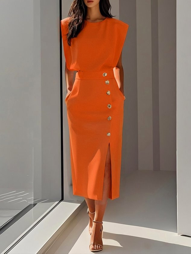 Aspen | Women's Midi Dress with Button Slit Detail - Orange