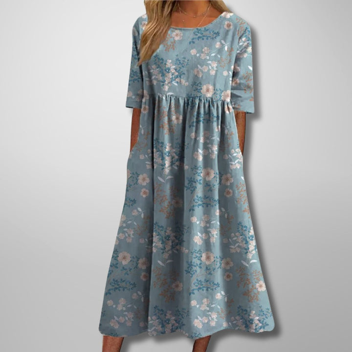 Audrey | Women's Floral Midi Dress with Relaxed Fit - Light Blue