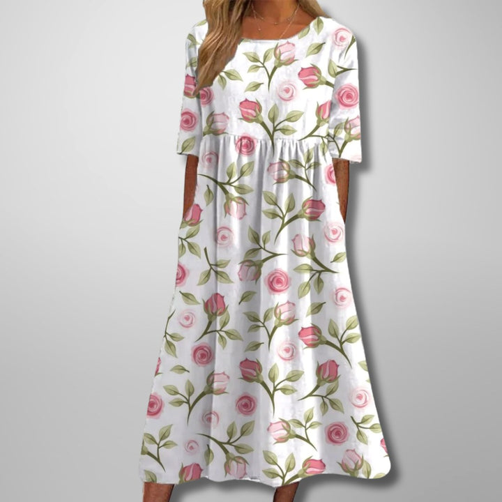 Audrey | Women's Floral Midi Dress with Relaxed Fit - White Pink