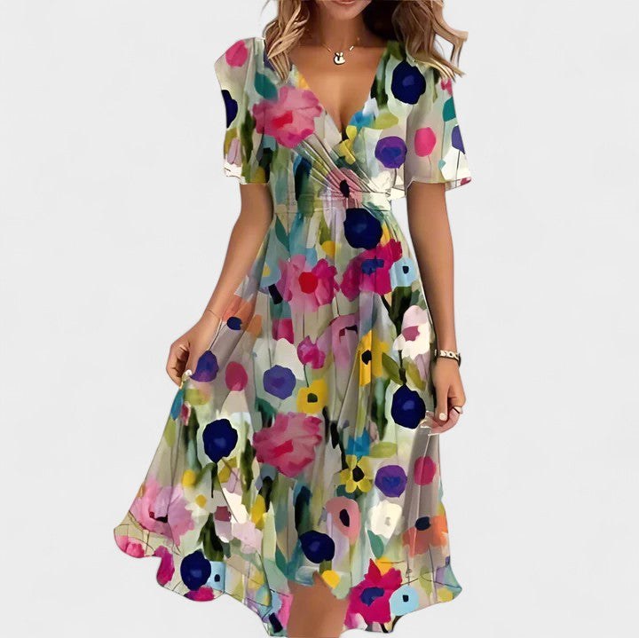Avery | Women's Floral V-Neck Short Dress - White Floral