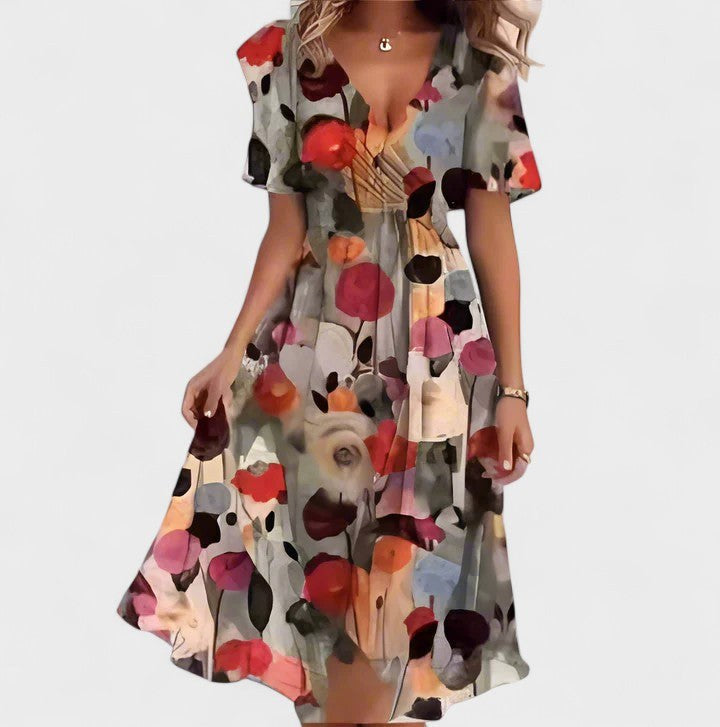 Avery | Women's Floral V-Neck Short Dress - Blue/Green