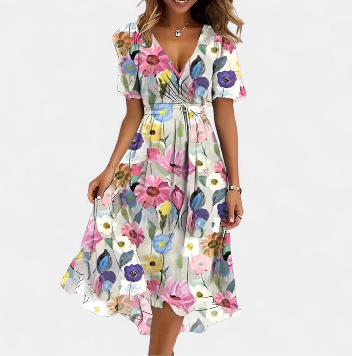 Avery | Women's Floral V-Neck Short Dress - Brown Floral