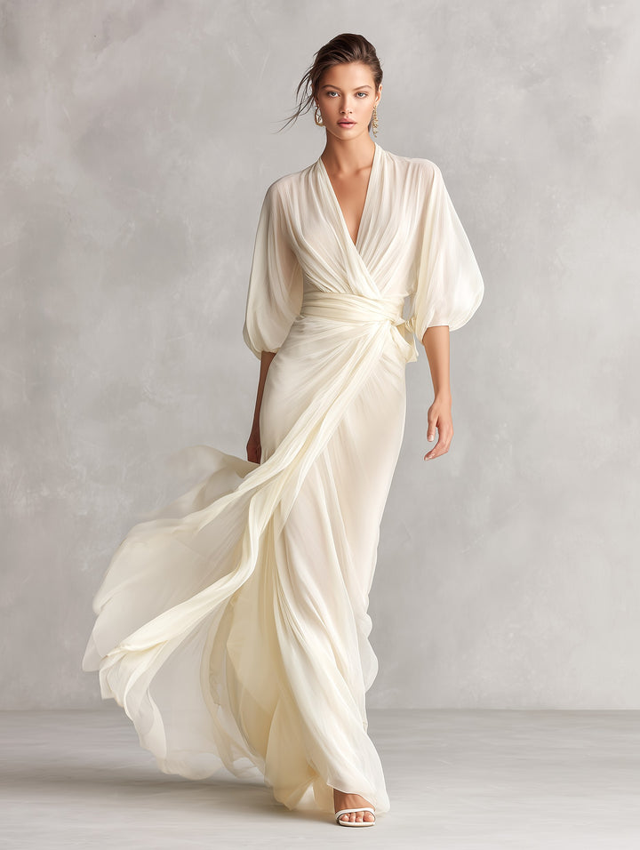 Avery | Women's Ivory Chiffon Wrap Dress With Puff Sleeves - image 3
