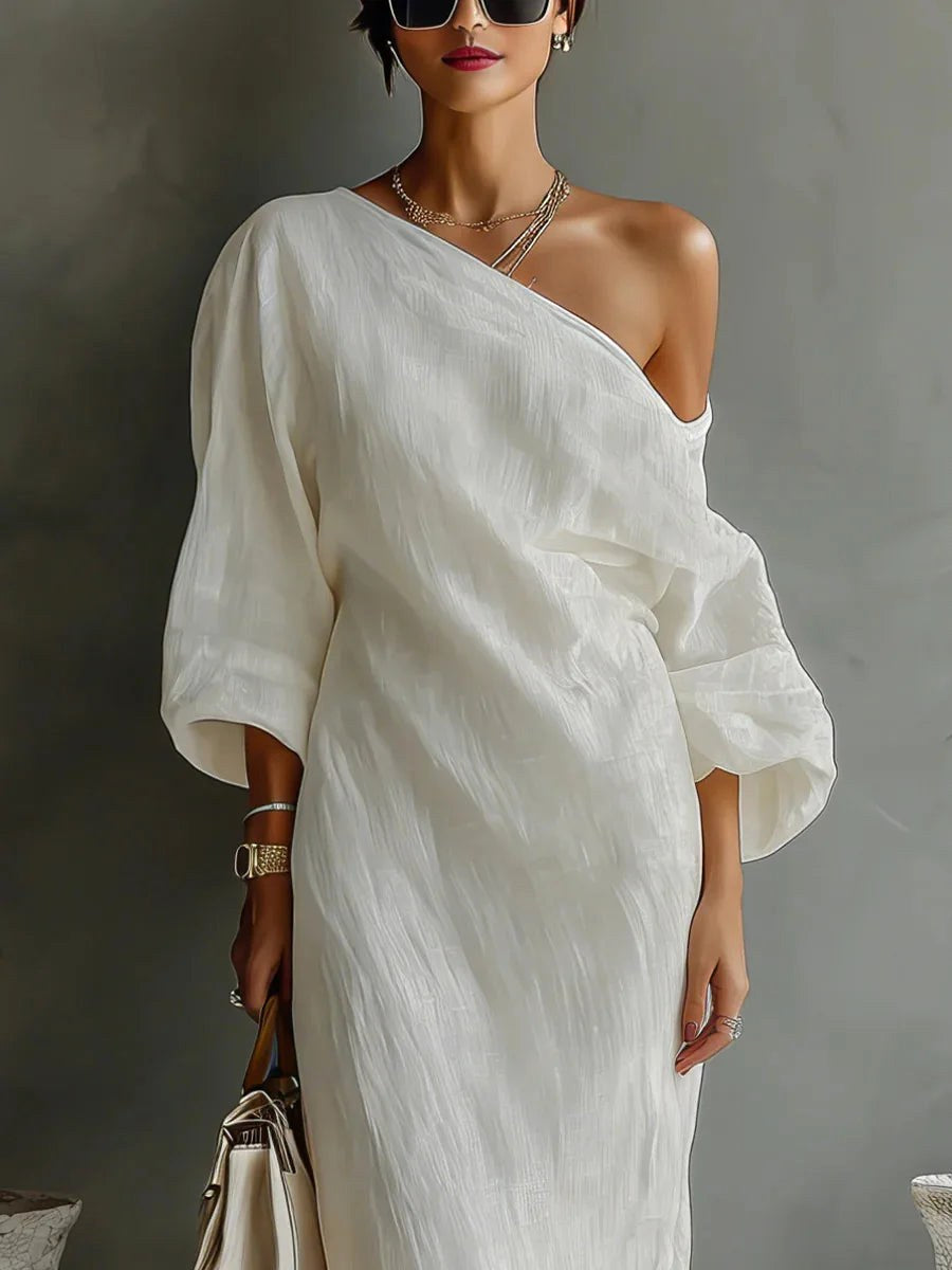 Avery | Women's Linen One-Shoulder Asymmetrical Dress - Blue