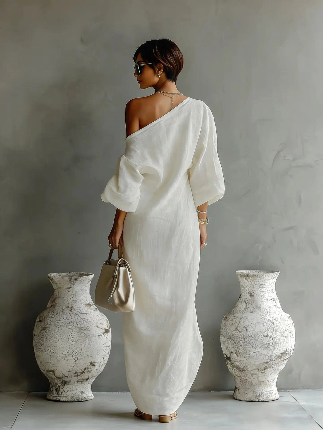 Avery | Women's Linen One-Shoulder Asymmetrical Dress - Khaki
