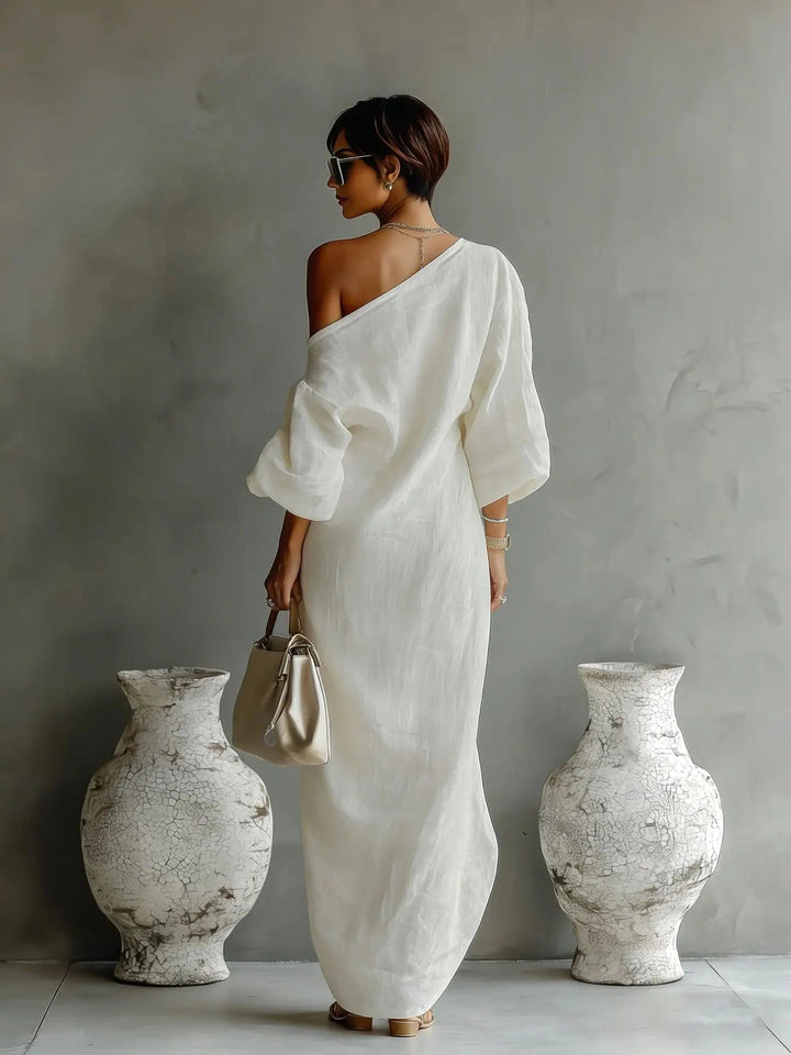 Avery | Women's Linen One-Shoulder Asymmetrical Dress - Khaki
